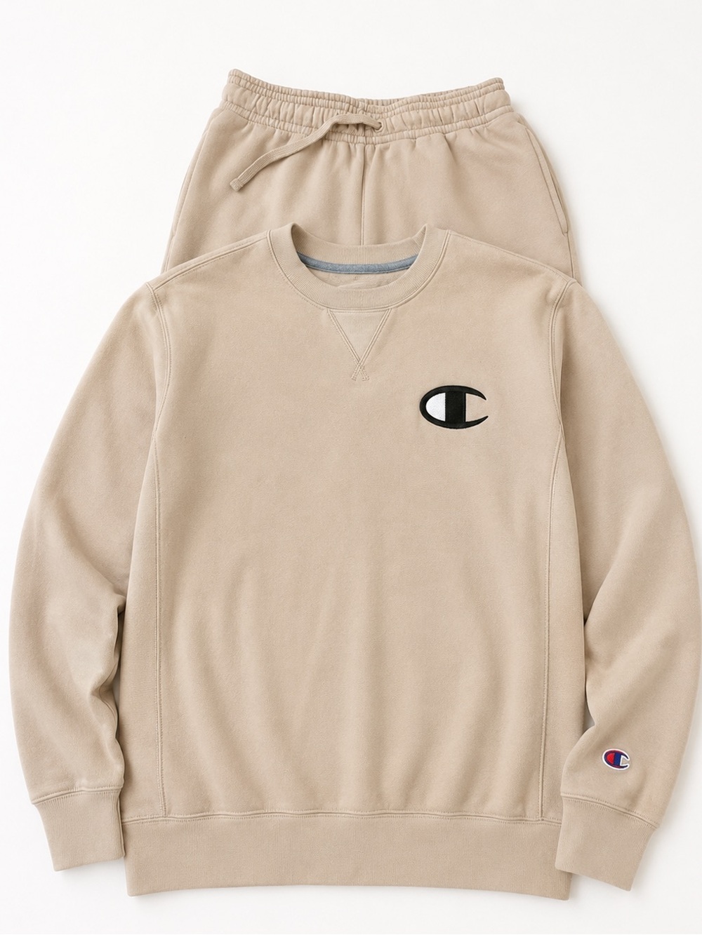 Champion Sand Crewneck Sweatshirt/ sweatpants with Embroidered C Logo
